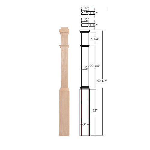 Red Oak Unfinished Boxed Newel Post with Adjustable Base 55''x5''